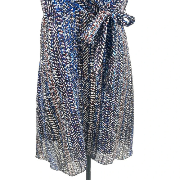 Anna Sui Wrap Mini Dress Short Sleeve Abstract Print Silk Blue Metallic Size 0 - Picture 4 of 8